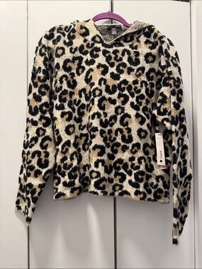 Aqua Leopard Print Knit Hoodie Sweater - Black & Tan